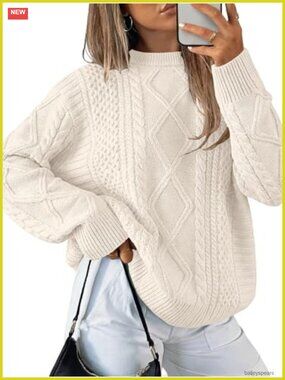 Women's Oversized Cable Knit Crew Neck Long Sleeve Pullover Sweater